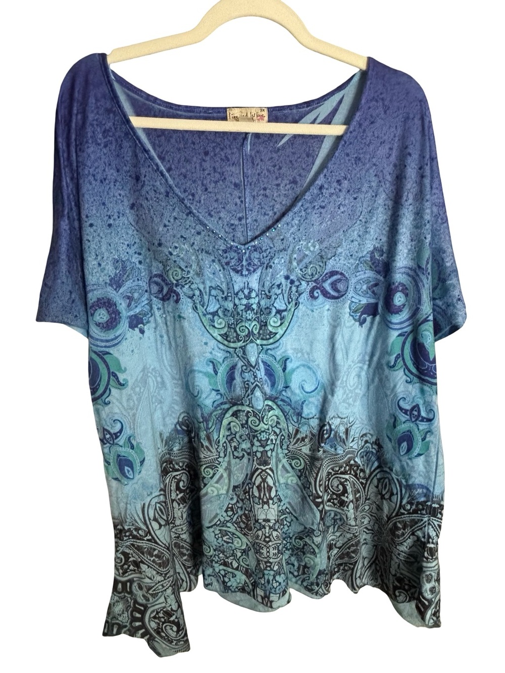 live and let live Y2K Boho Wimsigoth Blue Gradient Paisley V-Neck Tunic Top 3XL